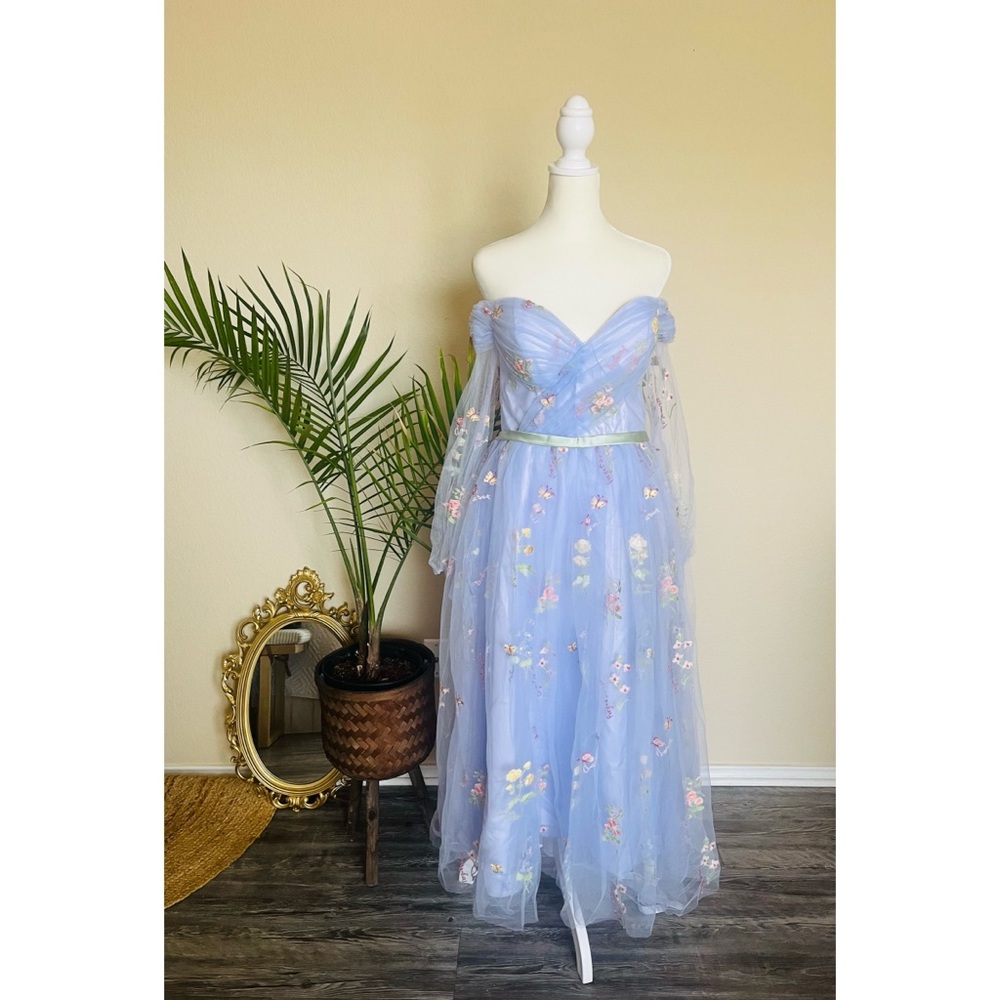 Women's Puffy Sleeve Tulle Prom Dresses Tea Length Flower Lace.